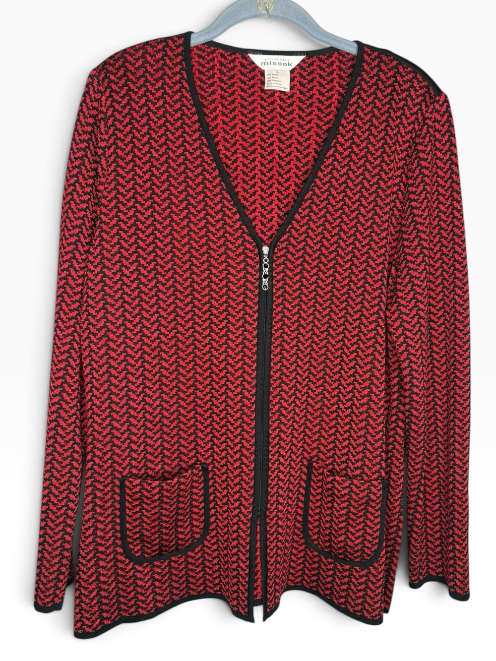 Misook Red and Black Zip-Front Knit Cardigan with Pockets women’s size large